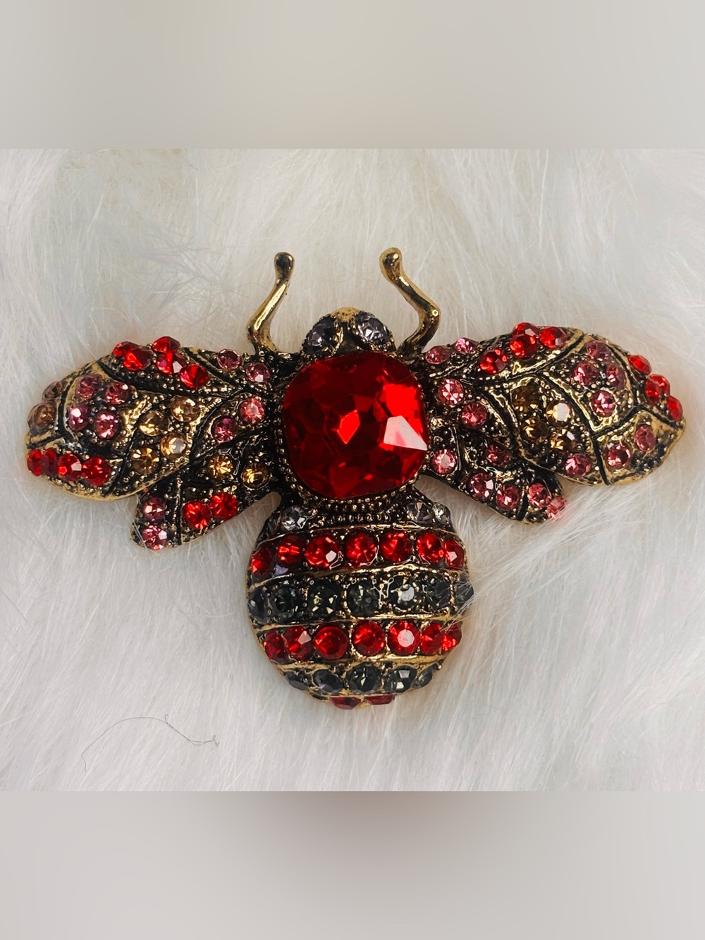 Large Red Rhinestone Bee Brooch Antiqued Gold Tone Statement Pin